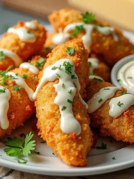 Easy Parmesan Chicken Fingers with Garlic Cheese Sauce 30-Minute Recipe